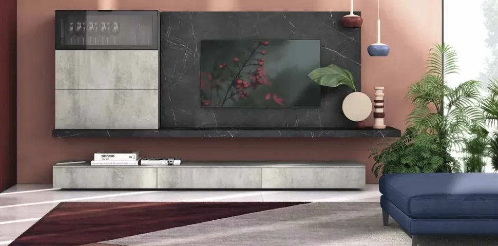 Parete attrezzata Soggiorno industrial minimal cemento Nuovi mondi in stile moderno a prezzo ribassato