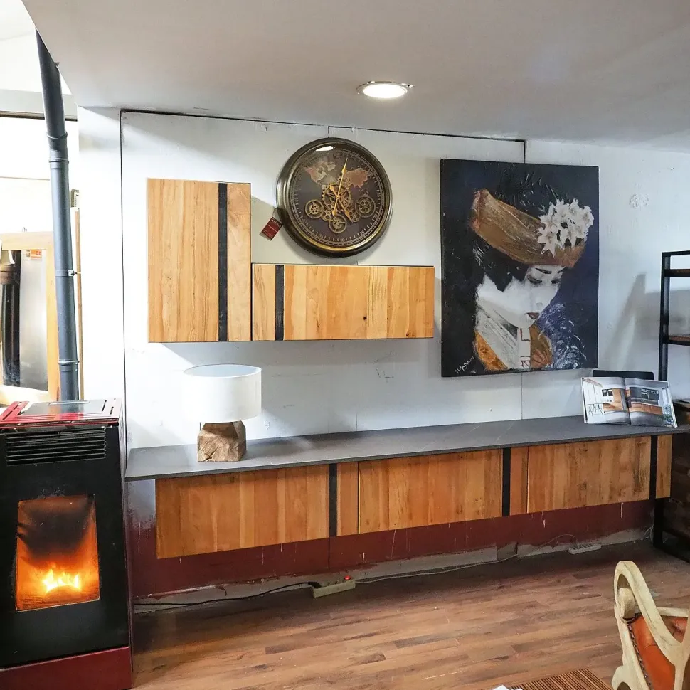 Parete attrezzata Soggiorno industrial legno vintage wave con basi sospese Outlet etnico in stile design a prezzo ribassato